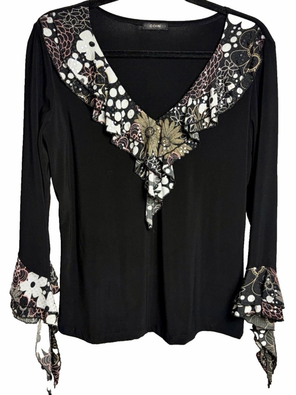Vintage Y2K COIN Black Top XL Sequin Floral Ruffle Neck Cuff Fairy Whimsigoth